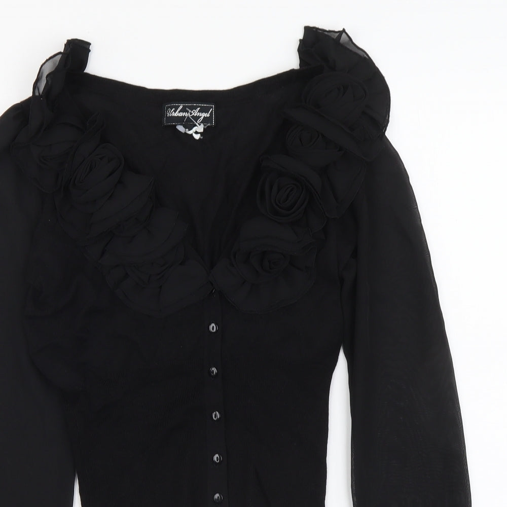 Urban Angel Womens Black V-Neck Viscose Cardigan Jumper Size 8 - Cropped Chiffon Sleeve
