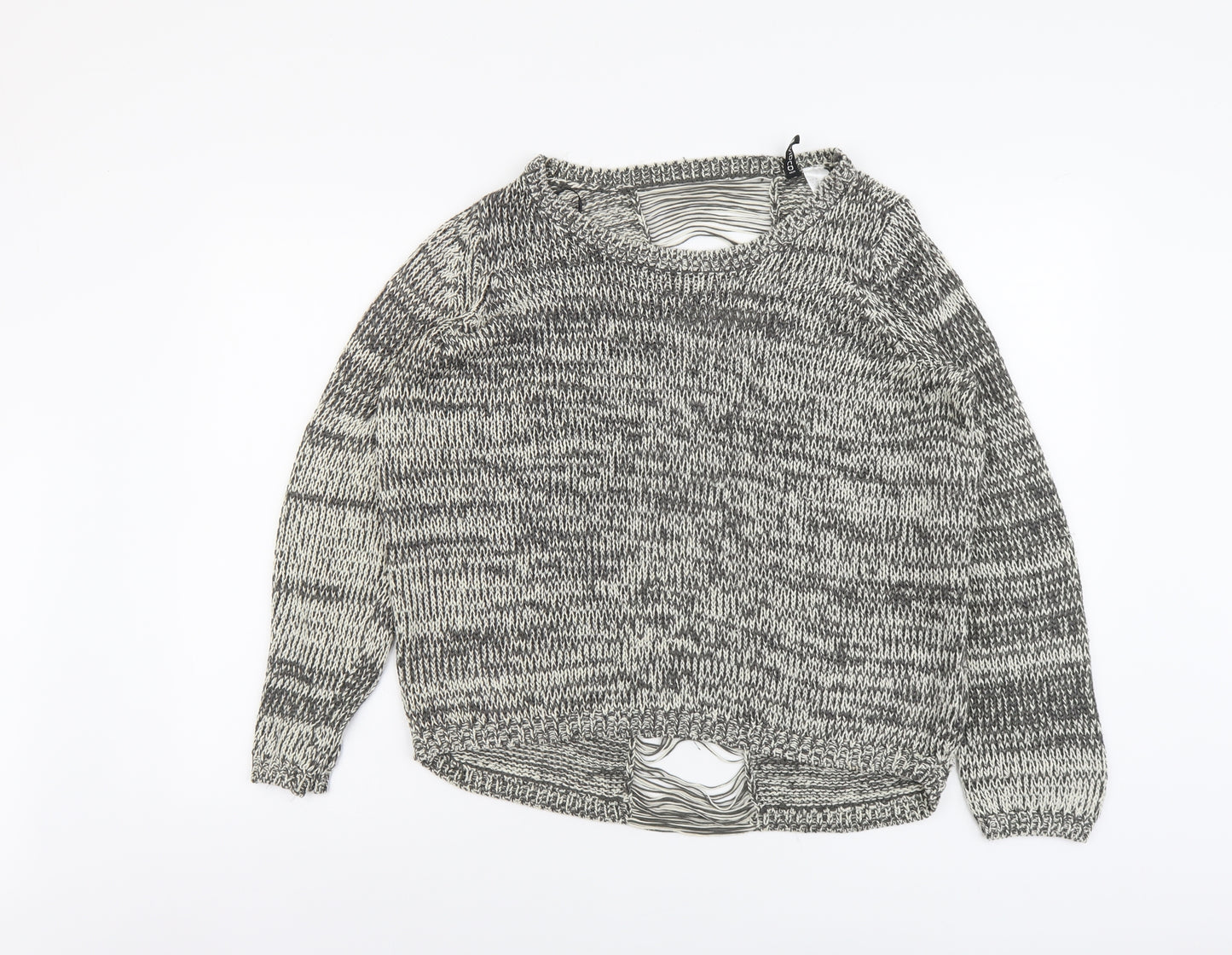 H&M Womens Grey Boat Neck Acrylic Pullover Jumper Size M - Distressed Back