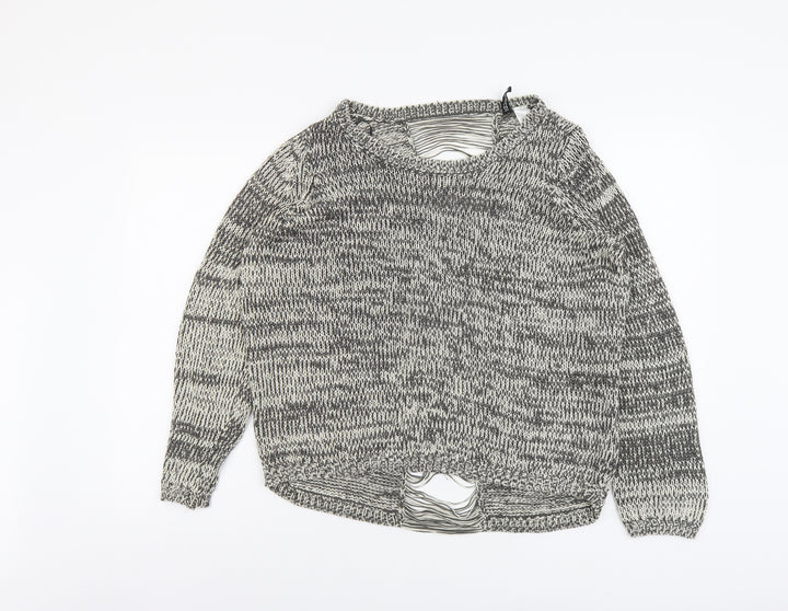 H&M Womens Grey Boat Neck Acrylic Pullover Jumper Size M - Distressed Back
