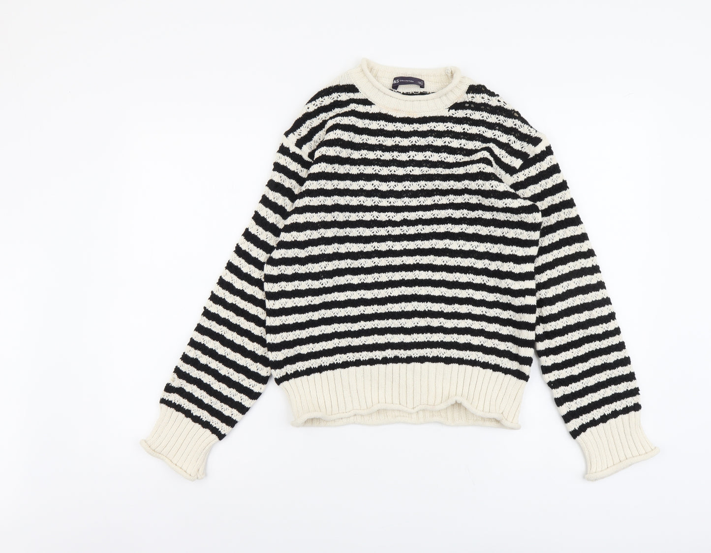 Marks and Spencer Womens Beige Round Neck Striped Cotton Pullover Jumper Size S