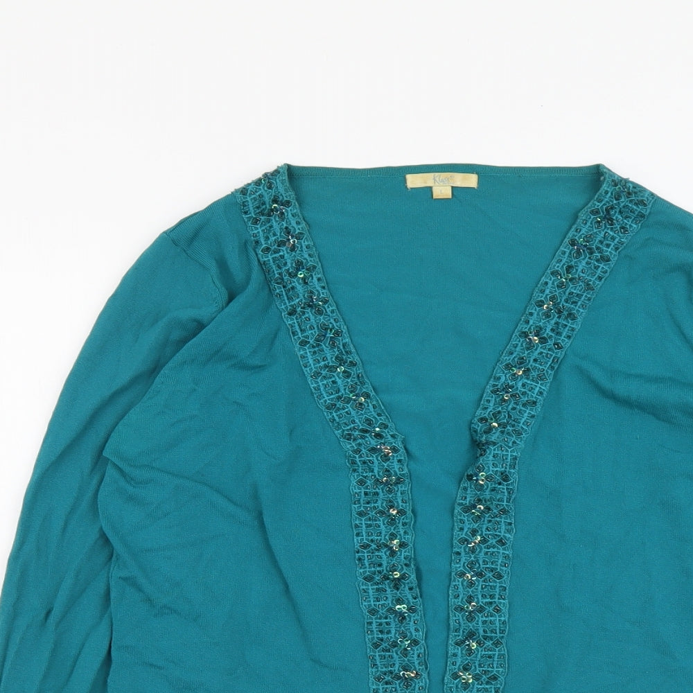 Klass Womens Green V-Neck Viscose Cardigan Jumper Size L - Hook & Eye Closure