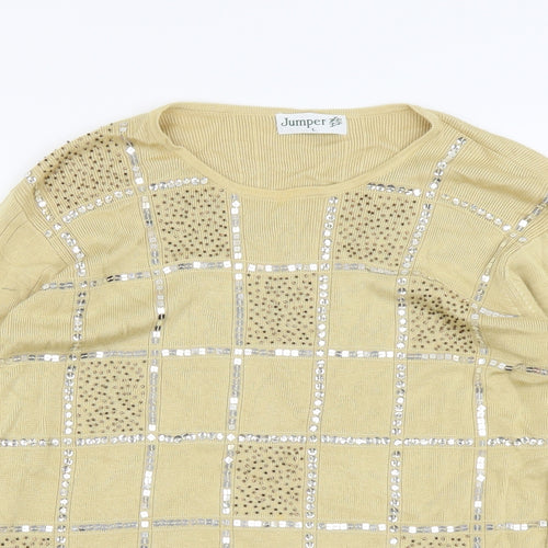 Jumper Womens Beige Scoop Neck Check Acrylic Pullover Jumper Size L