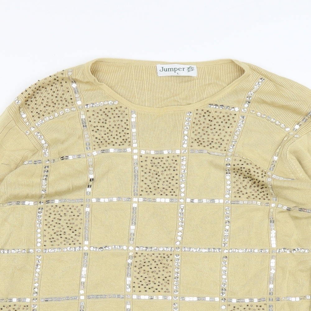 Jumper Womens Beige Scoop Neck Check Acrylic Pullover Jumper Size L