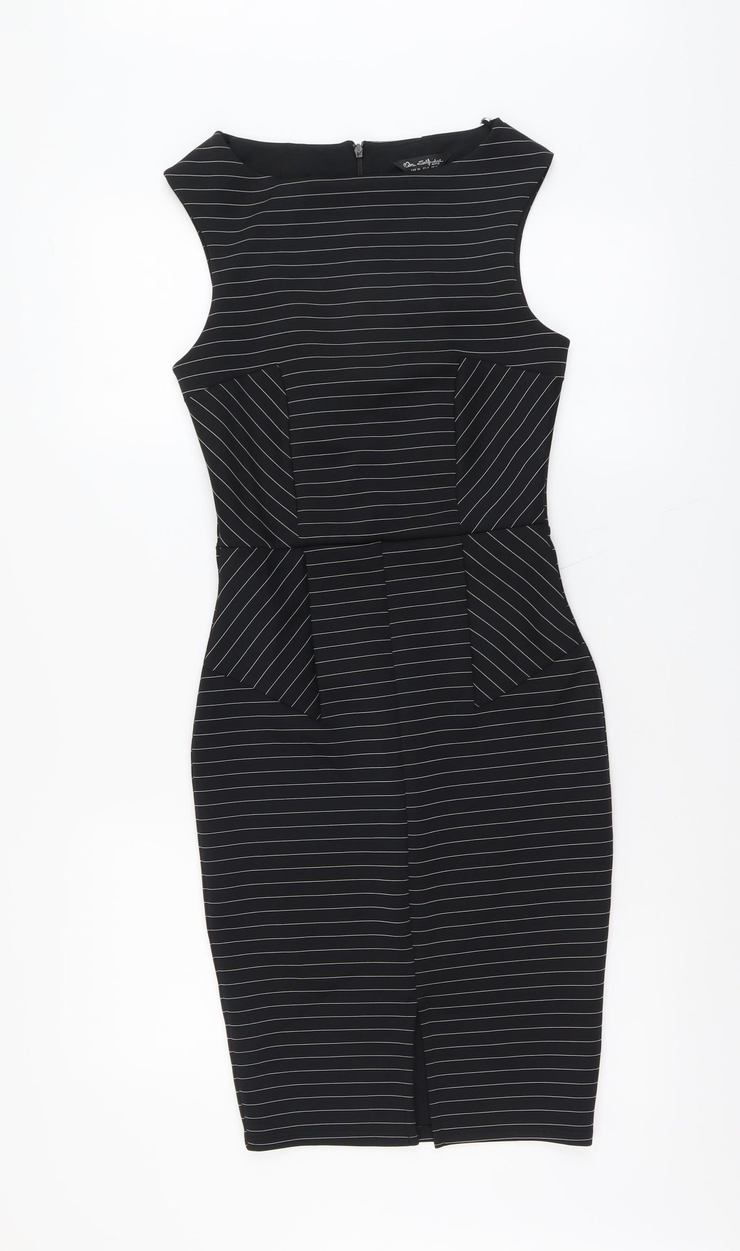 Miss Selfridge Womens Black Striped Polyester Pencil Dress Size 8 Boat Neck Zip