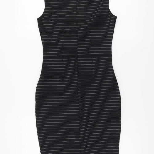 Miss Selfridge Womens Black Striped Polyester Pencil Dress Size 8 Boat Neck Zip