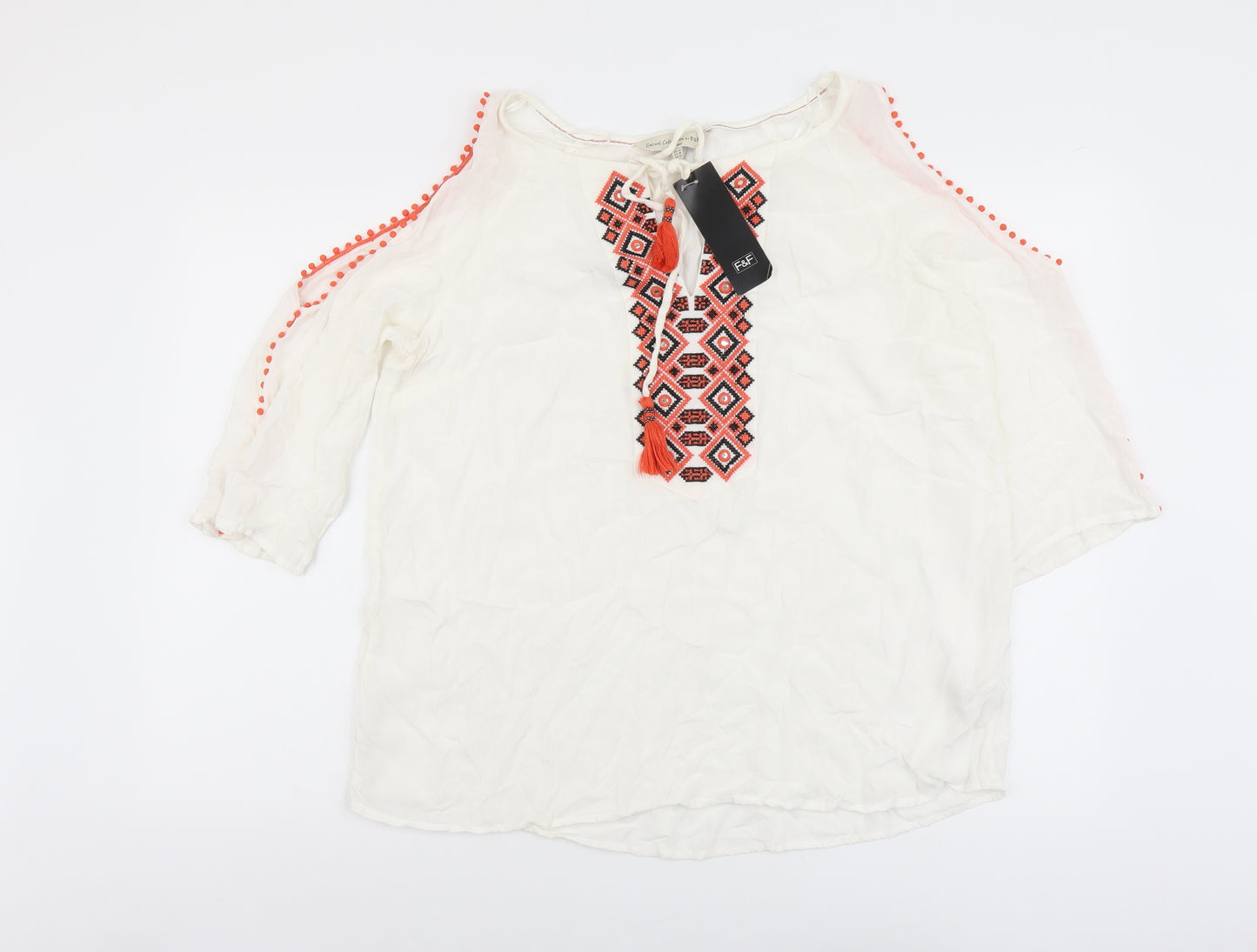 F&F Womens White Geometric Viscose Basic Blouse Size 14 Boat Neck - Cold Shoulder Detail