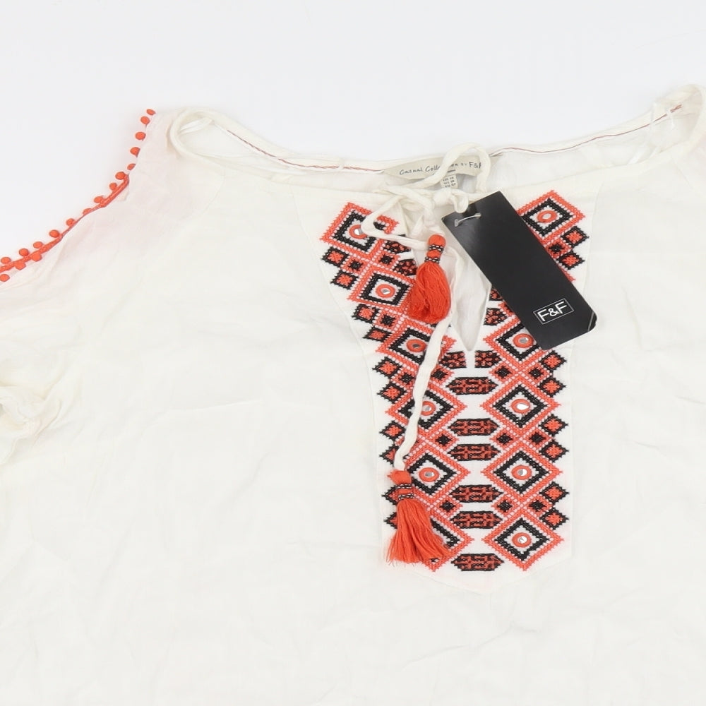 F&F Womens White Geometric Viscose Basic Blouse Size 14 Boat Neck - Cold Shoulder Detail