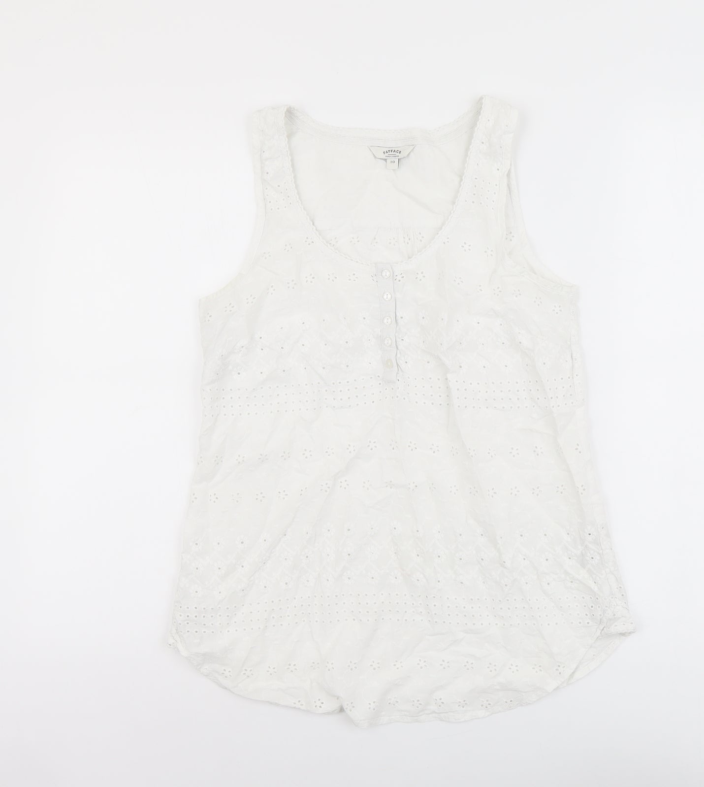Fat Face Womens White Cotton Basic Tank Size 10 Scoop Neck - Broderie Anglaise
