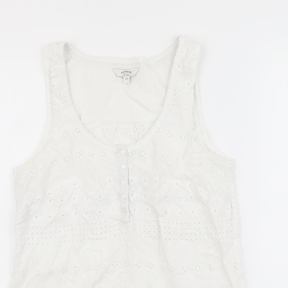 Fat Face Womens White Cotton Basic Tank Size 10 Scoop Neck - Broderie Anglaise