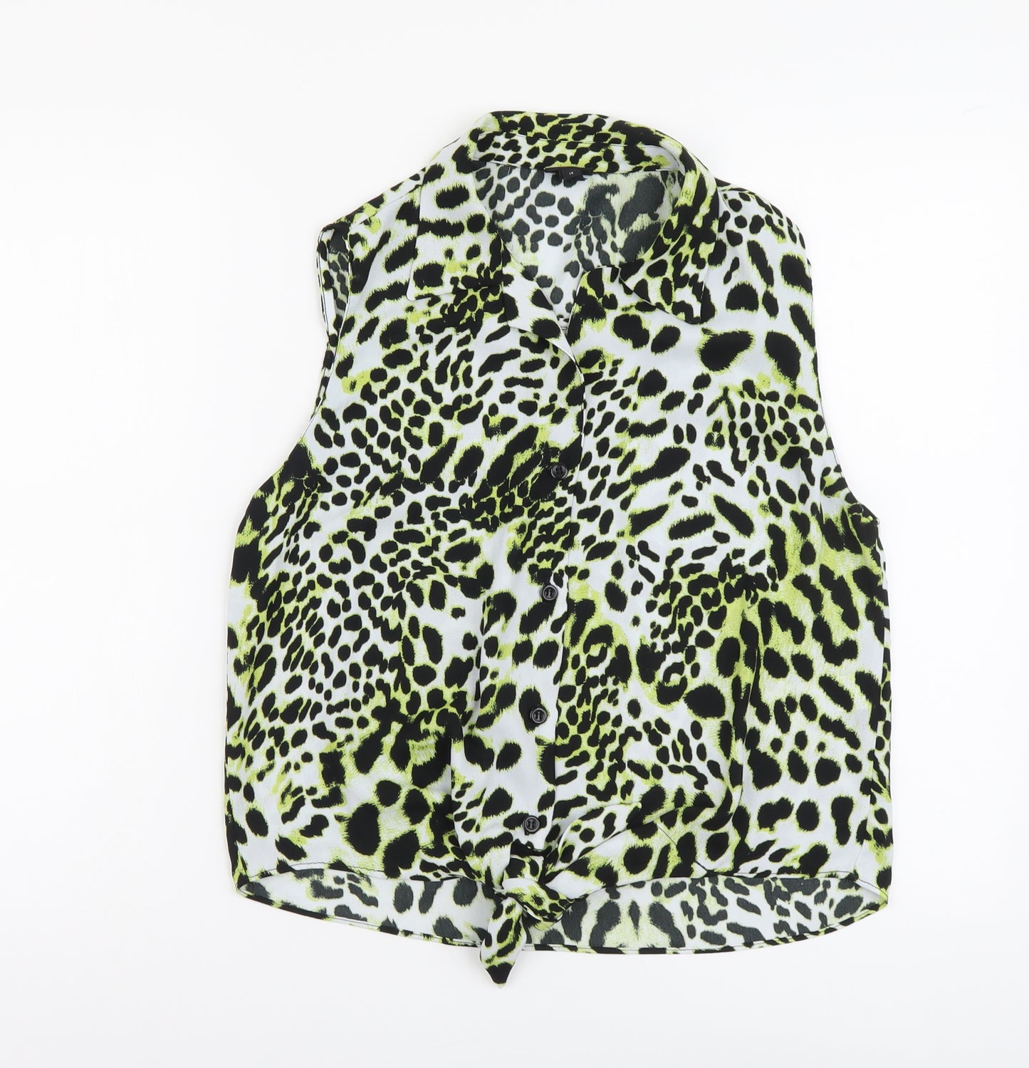 River Island Womens Yellow Animal Print Polyester Cropped Button-Up Size 14 Collared - Leopard Print Tie Front