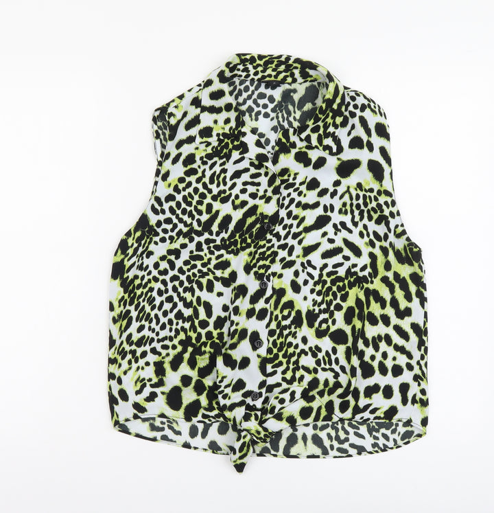 River Island Womens Yellow Animal Print Polyester Cropped Button-Up Size 14 Collared - Leopard Print Tie Front