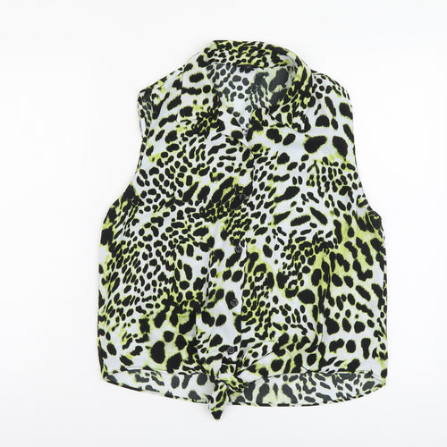 River Island Womens Yellow Animal Print Polyester Cropped Button-Up Size 14 Collared - Leopard Print Tie Front