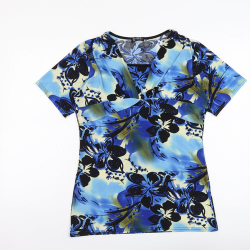 Mega Design Womens Blue Floral Polyester Basic T-Shirt Size 14 V-Neck