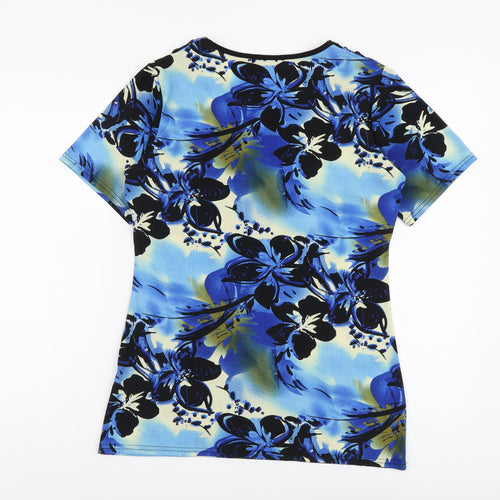 Mega Design Womens Blue Floral Polyester Basic T-Shirt Size 14 V-Neck