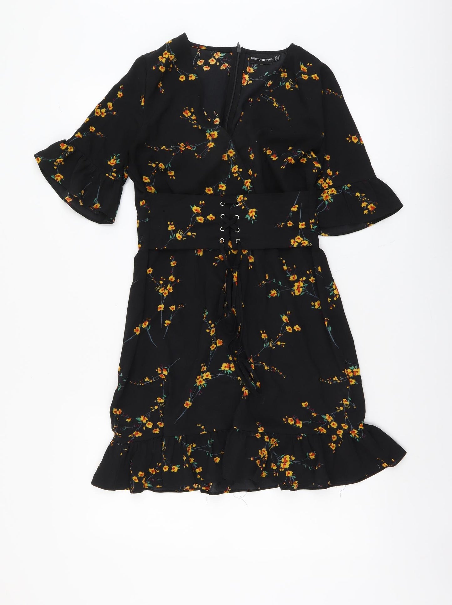 PRETTYLITTLETHING Womens Black Geometric Polyester A-Line Size 10 V-Neck Zip