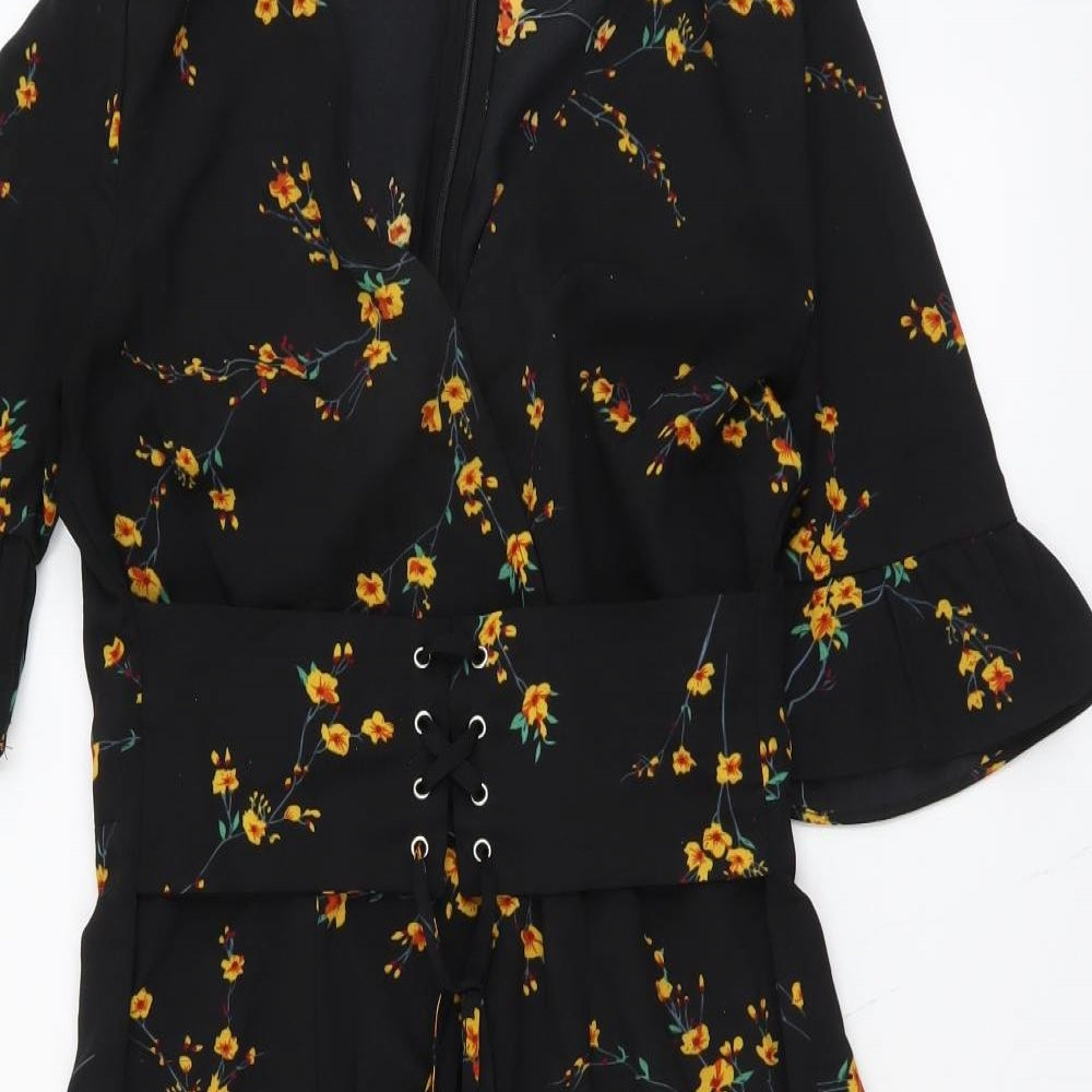 PRETTYLITTLETHING Womens Black Geometric Polyester A-Line Size 10 V-Neck Zip