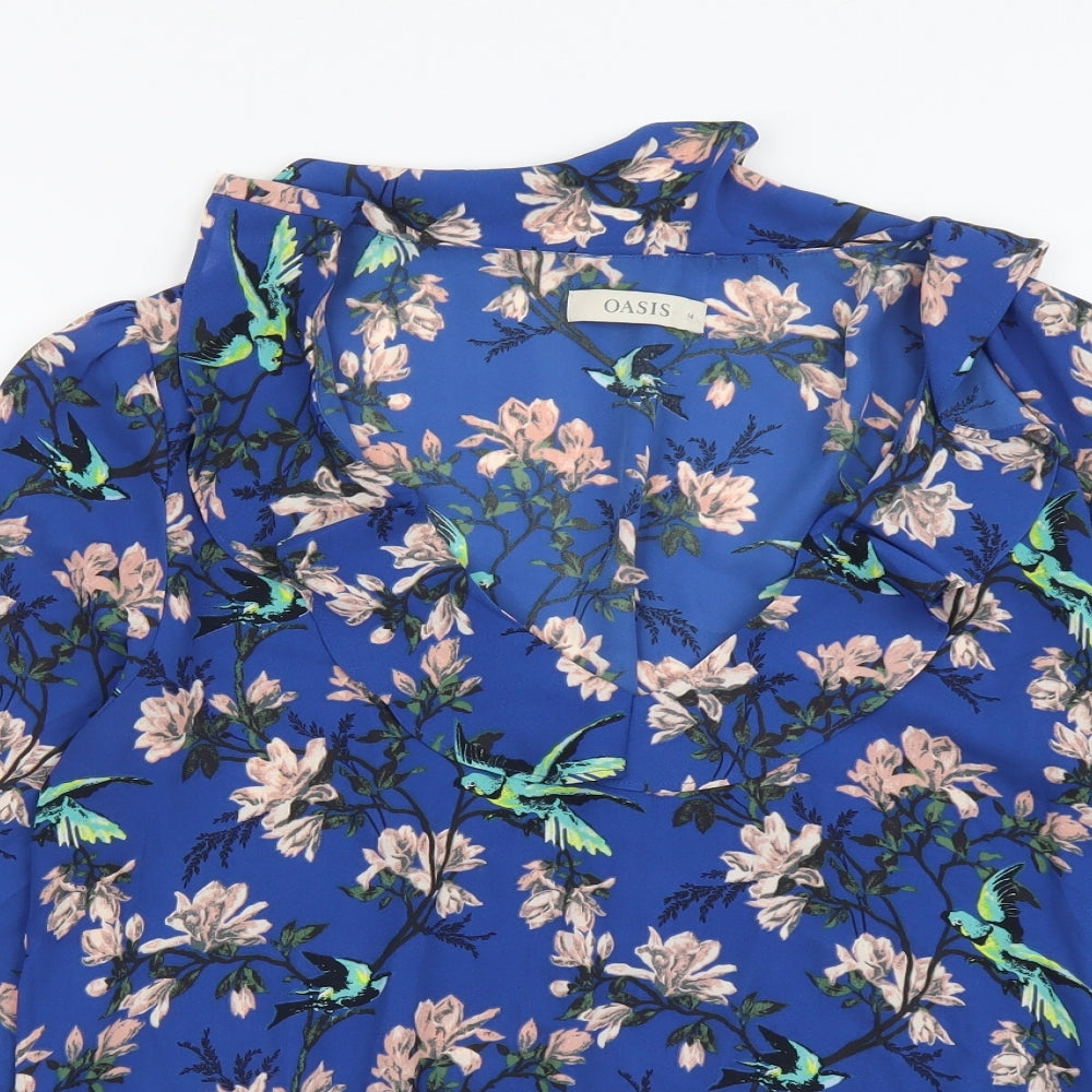 Oasis Womens Blue Floral Polyester Basic Blouse Size 14 V-Neck