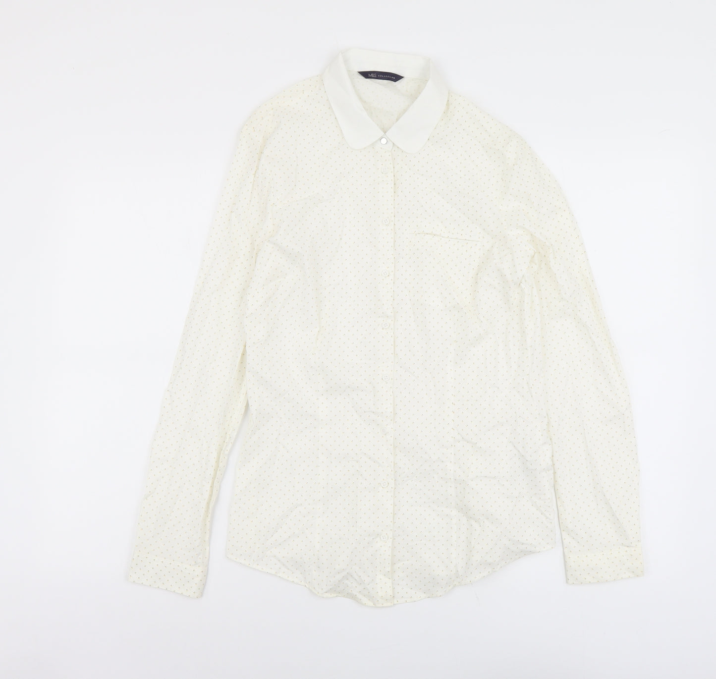 Marks and Spencer Womens Beige Geometric Cotton Basic Button-Up Size 10 Collared