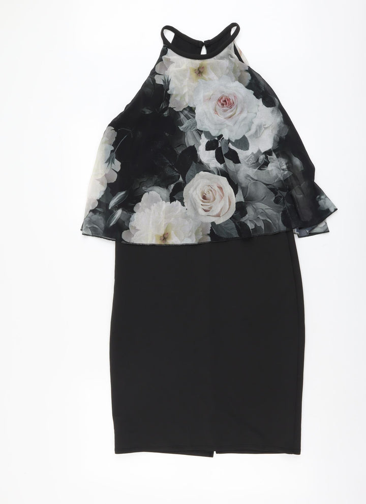 Lipsy Womens Black Floral Polyester Pencil Dress Size S Halter Button