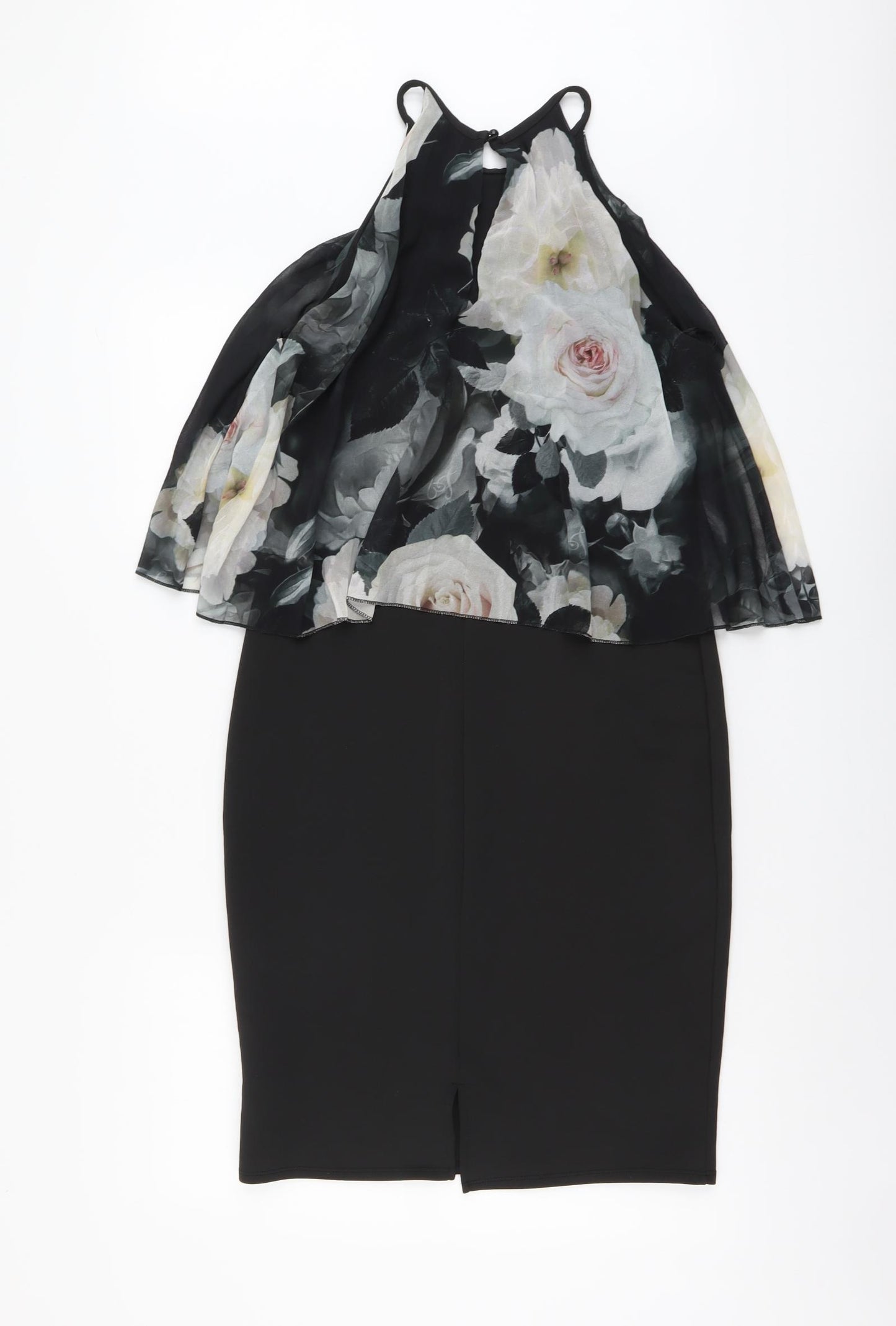 Lipsy Womens Black Floral Polyester Pencil Dress Size S Halter Button
