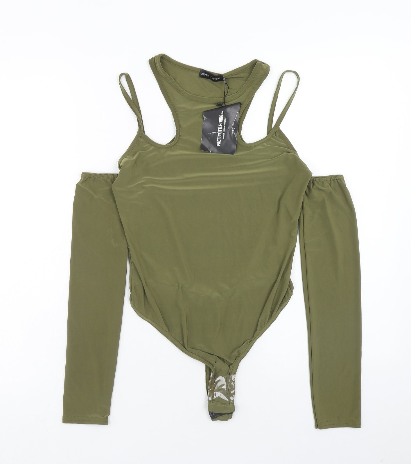 PRETTYLITTLETHING Womens Green Polyester Bodysuit One-Piece Size 14 Snap