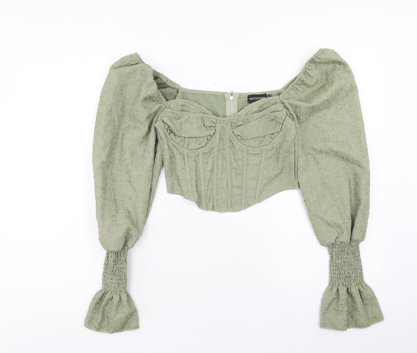 PRETTYLITTLETHING Womens Green Polyester Cropped Blouse Size 8 Sweetheart