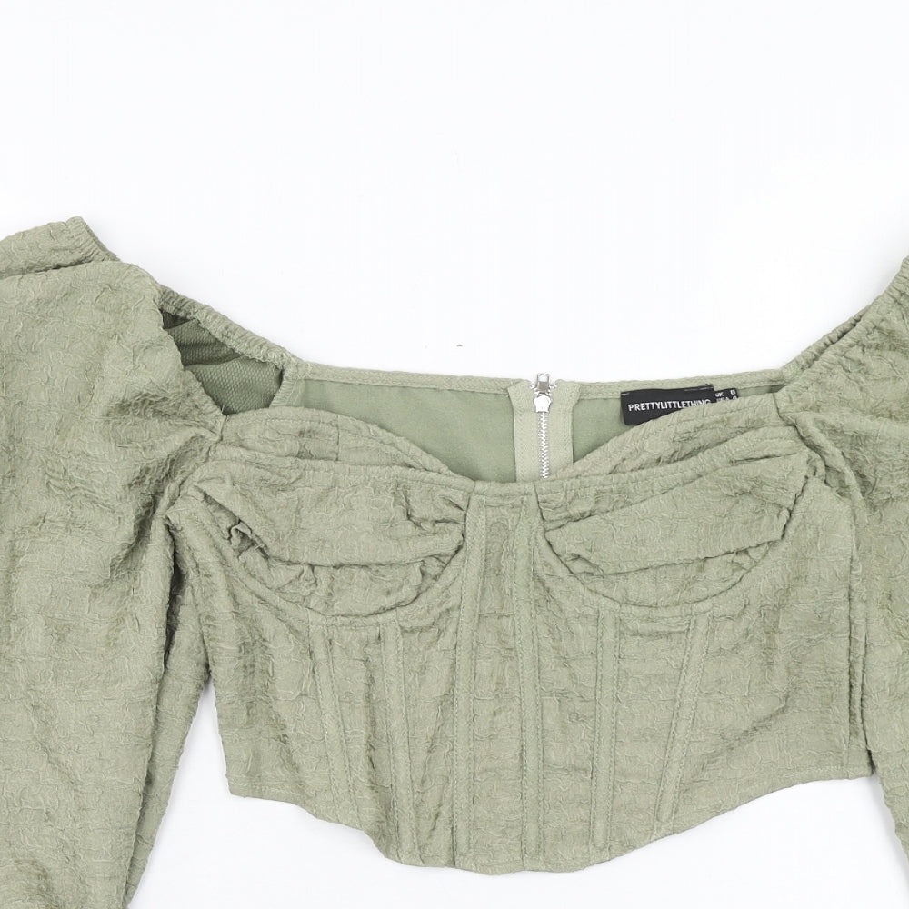 PRETTYLITTLETHING Womens Green Polyester Cropped Blouse Size 8 Sweetheart