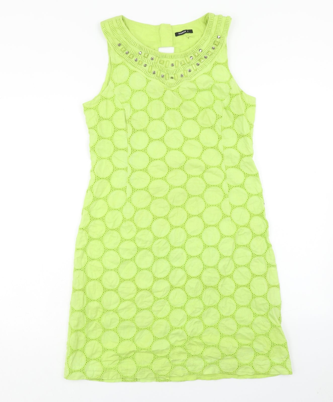 Roman Womens Green Geometric Cotton Shift Size 10 Boat Neck Button - Embellished Neckline