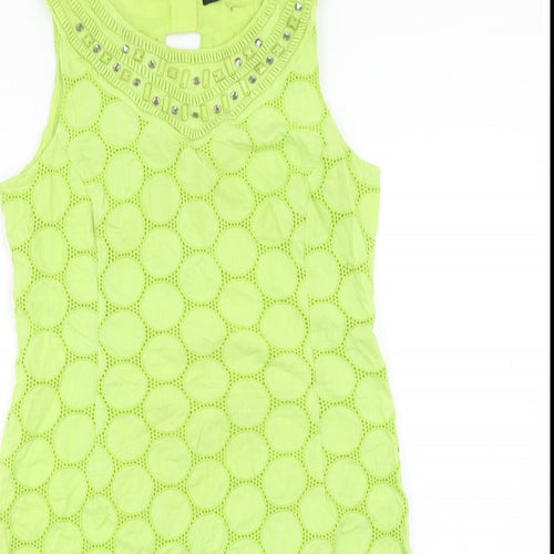 Roman Womens Green Geometric Cotton Shift Size 10 Boat Neck Button - Embellished Neckline