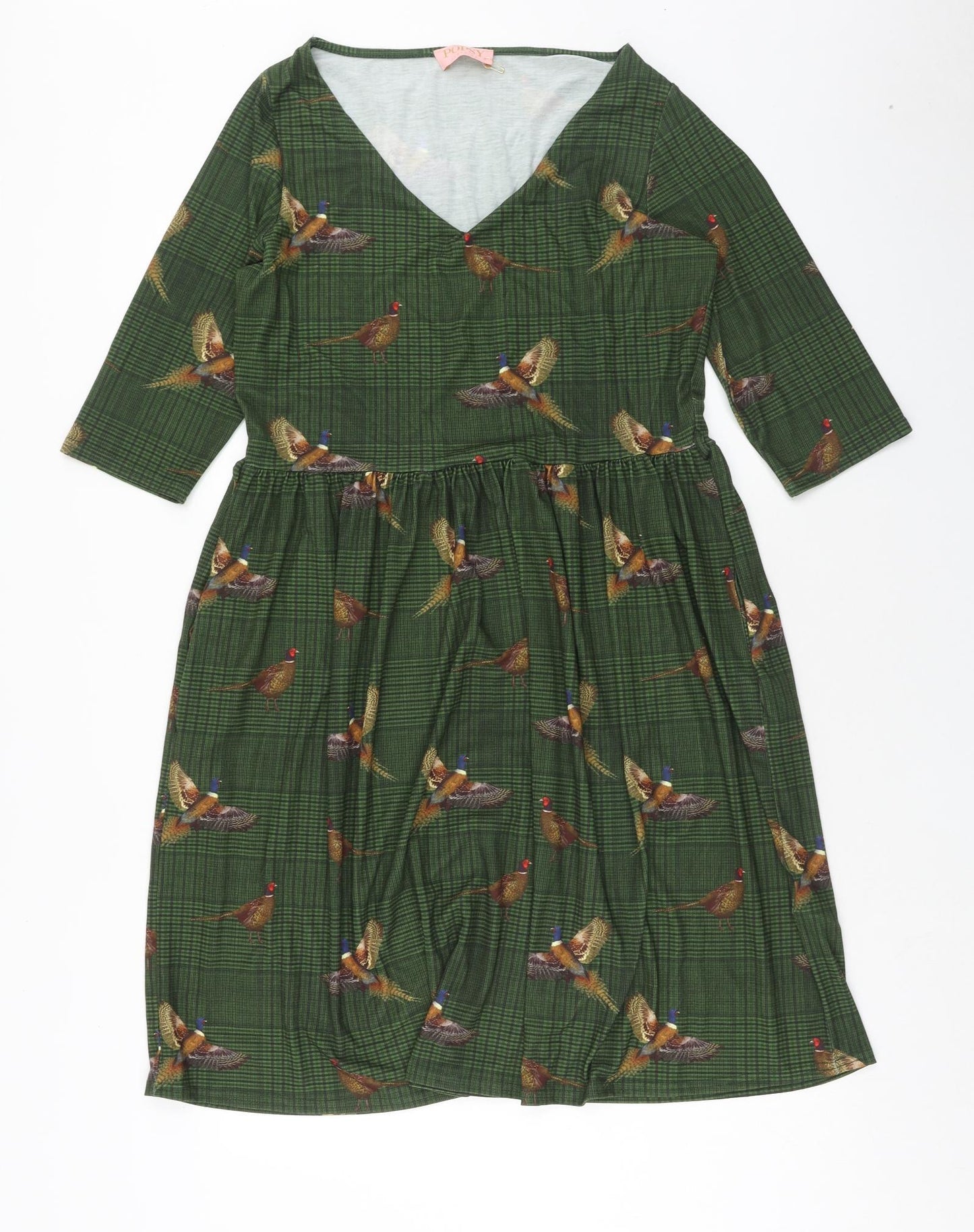 Popsy Womens Green Geometric Polyester Fit & Flare Size 14 V-Neck Pullover - Bird Print