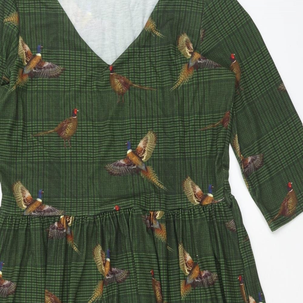 Popsy Womens Green Geometric Polyester Fit & Flare Size 14 V-Neck Pullover - Bird Print