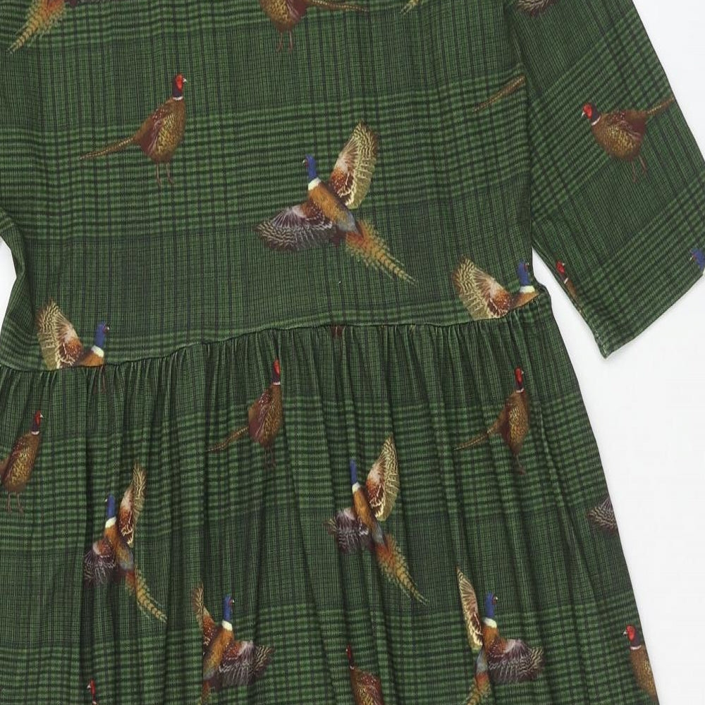 Popsy Womens Green Geometric Polyester Fit & Flare Size 14 V-Neck Pullover - Bird Print