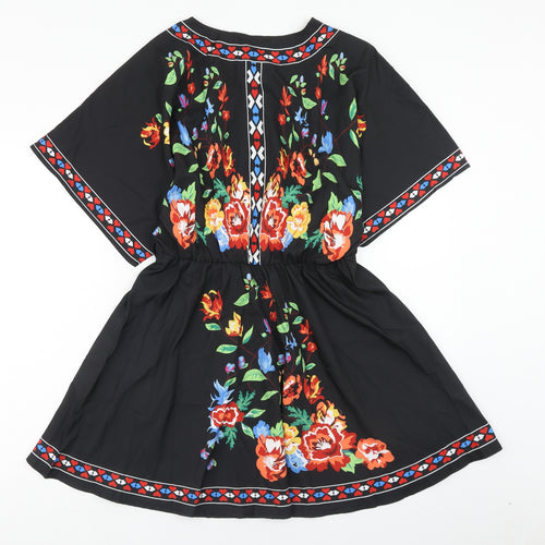 EMERY ROSE Womens Multicoloured Floral Polyester Skater Dress Size L V-Neck Pullover
