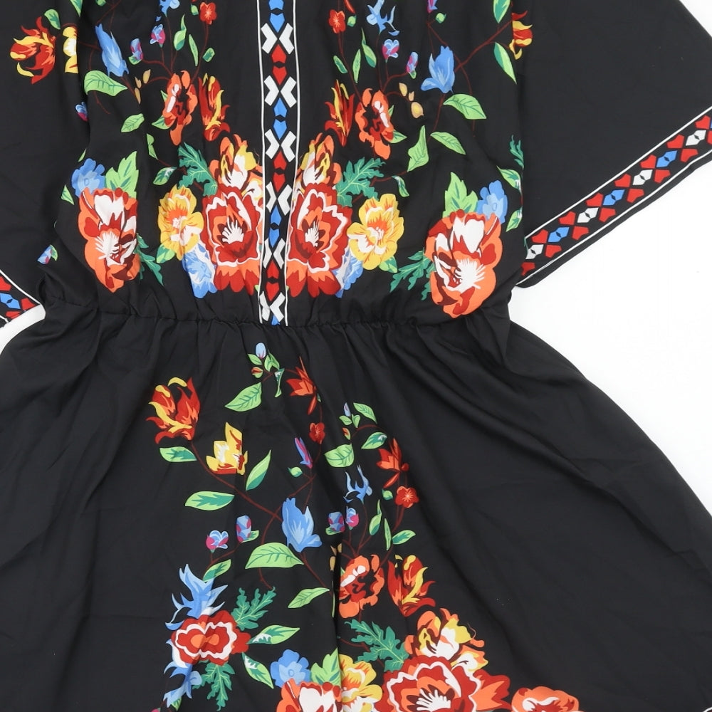 EMERY ROSE Womens Multicoloured Floral Polyester Skater Dress Size L V-Neck Pullover