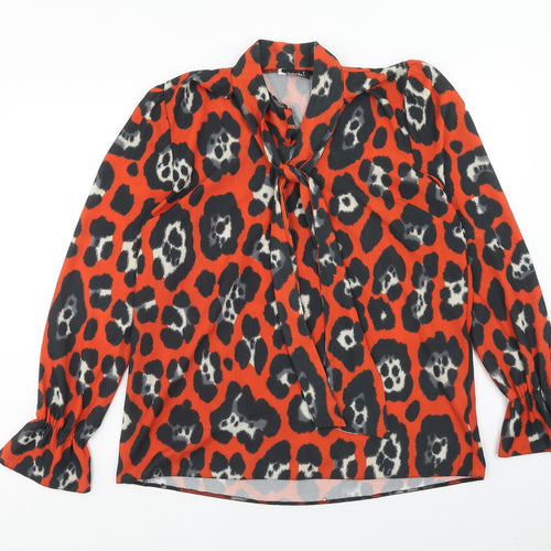Zack London Womens Orange Animal Print Polyester Basic Blouse Size 12 V-Neck - Leopard Print Pussy Bow