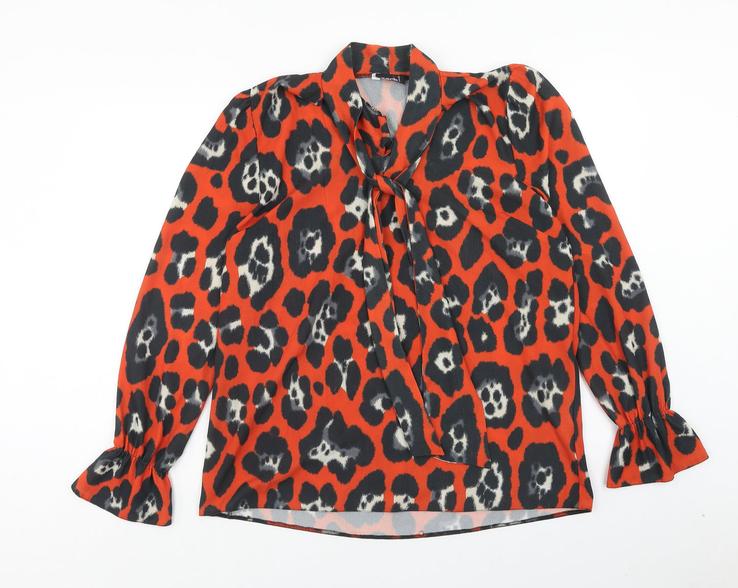 Zack London Womens Orange Animal Print Polyester Basic Blouse Size 12 V-Neck - Leopard Print Pussy Bow