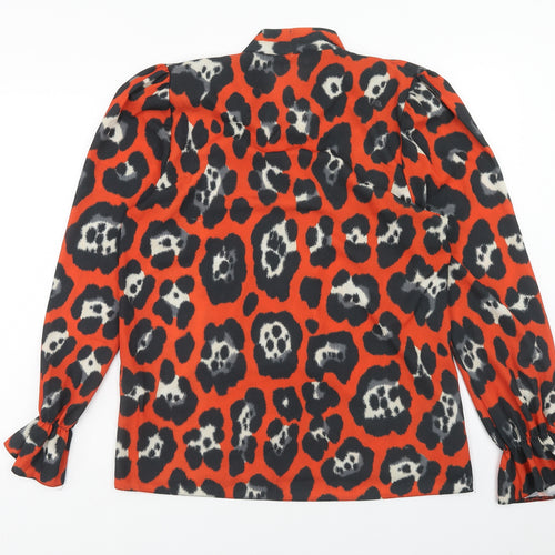 Zack London Womens Orange Animal Print Polyester Basic Blouse Size 12 V-Neck - Leopard Print Pussy Bow