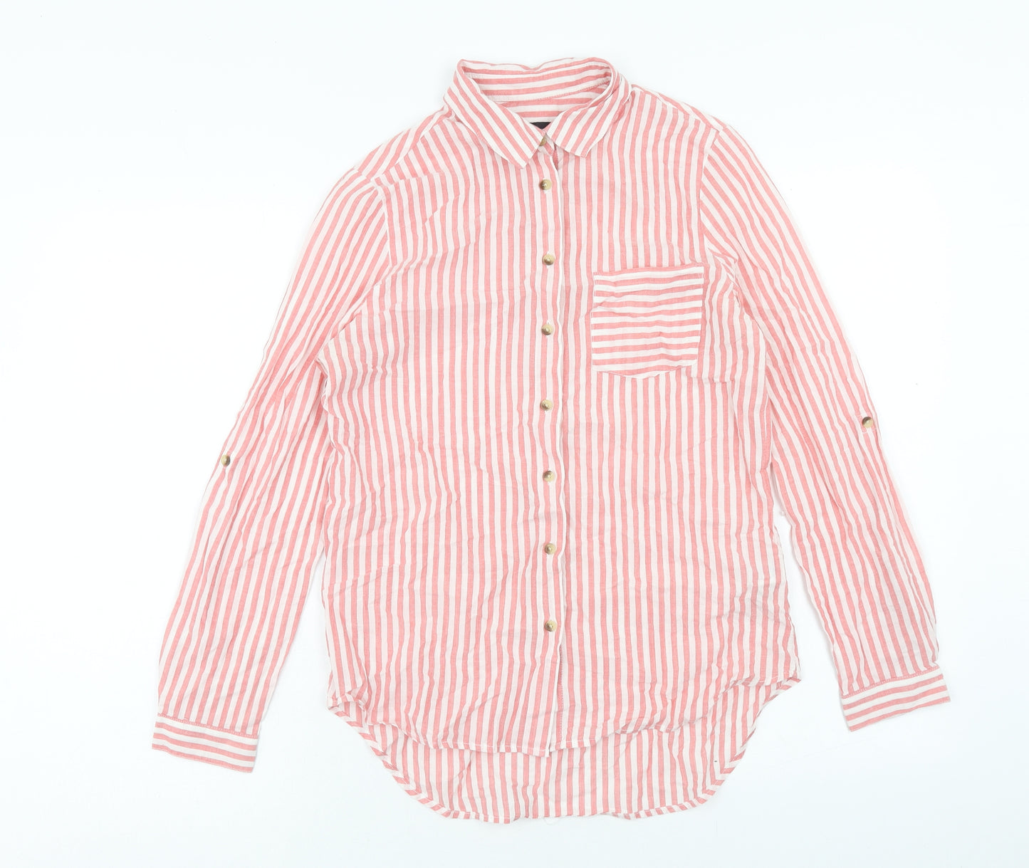 Marks and Spencer Womens Pink Striped Cotton Basic Button-Up Size 8 Collared