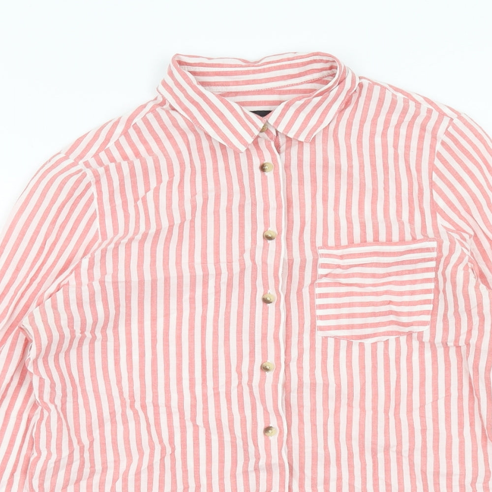 Marks and Spencer Womens Pink Striped Cotton Basic Button-Up Size 8 Collared