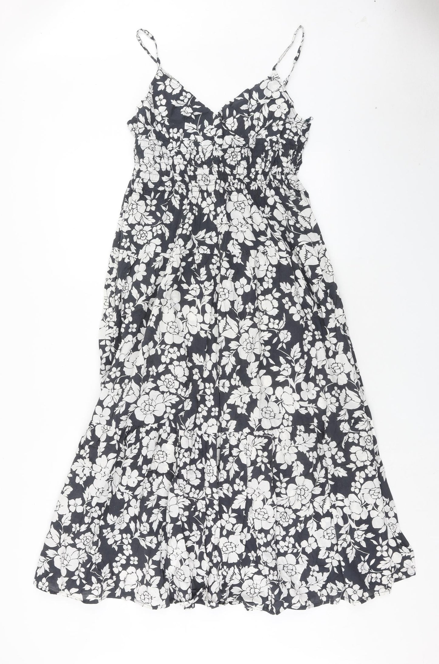 QED London Womens Blue Floral Cotton Slip Dress Size 10 V-Neck Pullover - Shirred Waist