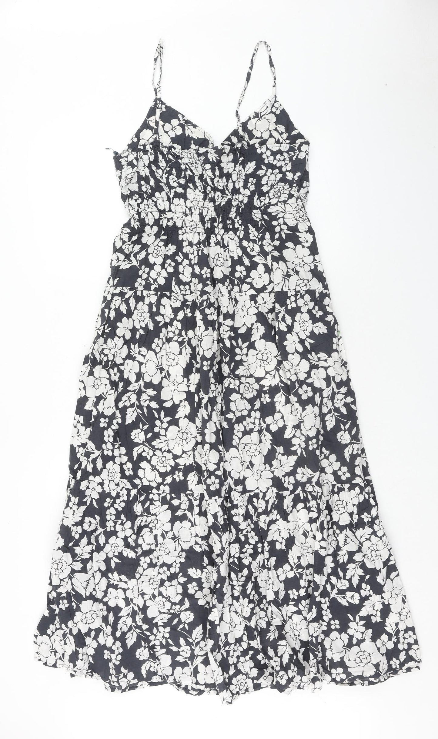 QED London Womens Blue Floral Cotton Slip Dress Size 10 V-Neck Pullover - Shirred Waist