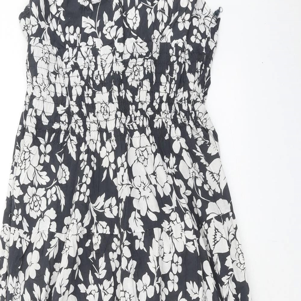 QED London Womens Blue Floral Cotton Slip Dress Size 10 V-Neck Pullover - Shirred Waist
