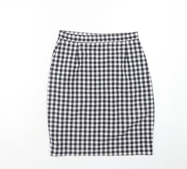 Preworn Womens Blue Check Polyester Straight & Pencil Skirt Size 28 in Zip