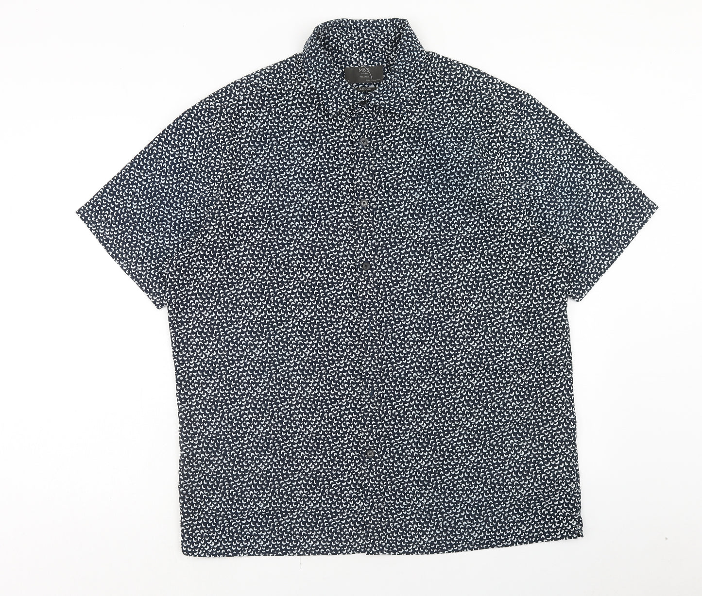 Marks and Spencer Mens Black Geometric Polyester Button-Up Size L Collared Button