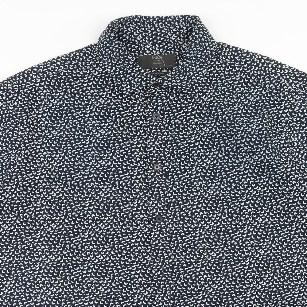 Marks and Spencer Mens Black Geometric Polyester Button-Up Size L Collared Button