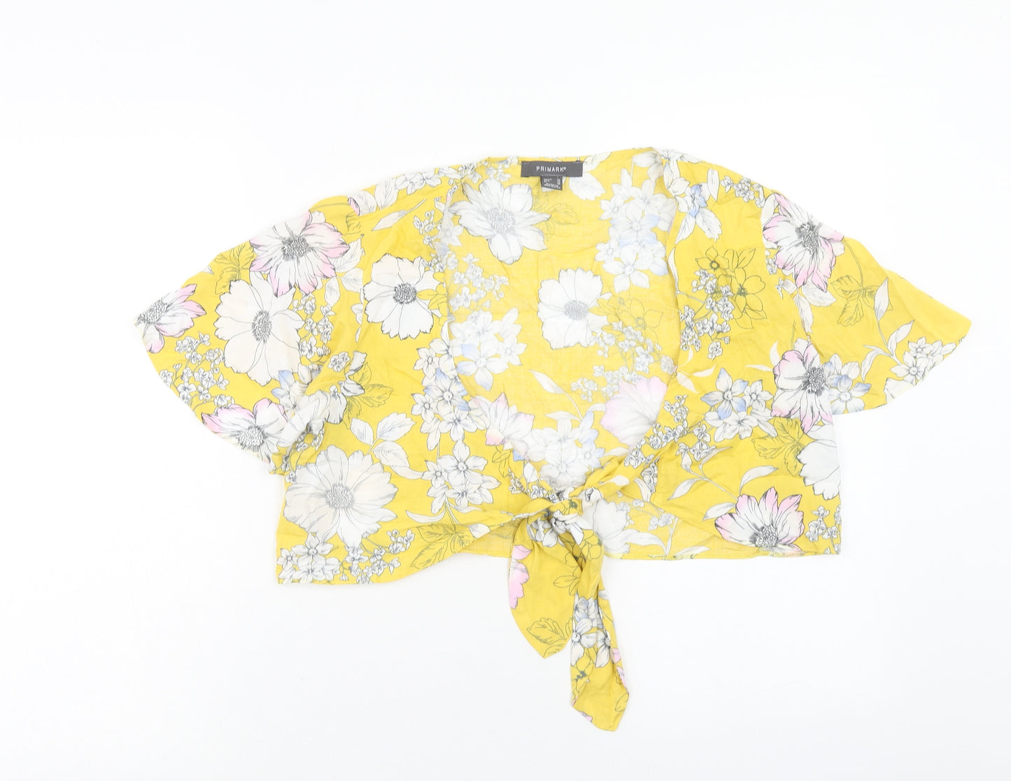 Primark Womens Yellow Floral Viscose Cropped Blouse Size 14 V-Neck