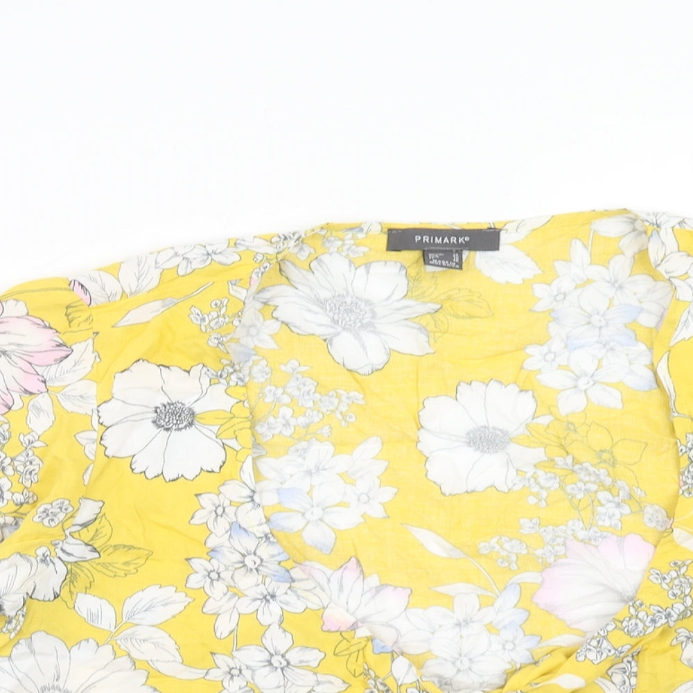 Primark Womens Yellow Floral Viscose Cropped Blouse Size 14 V-Neck