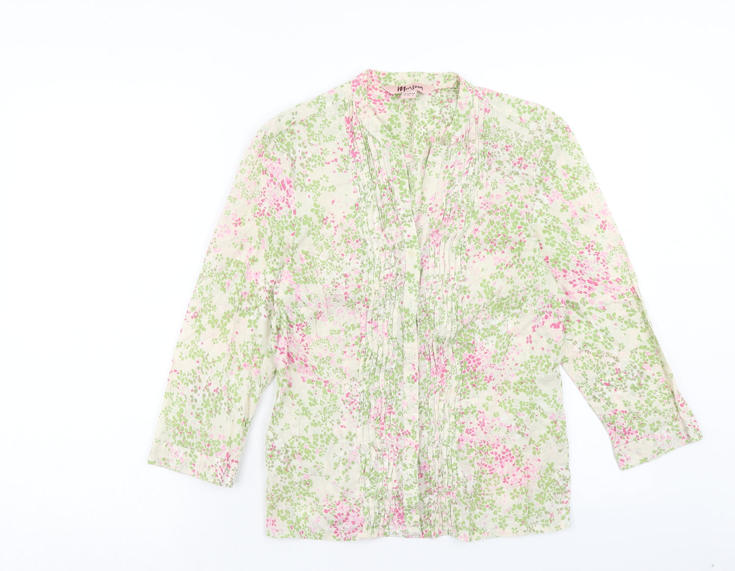 Monsoon Womens Green Floral Cotton Basic Blouse Size 12 V-Neck