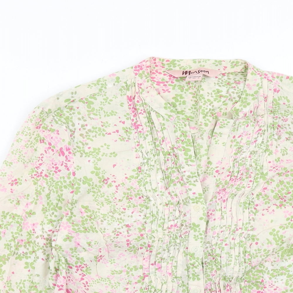 Monsoon Womens Green Floral Cotton Basic Blouse Size 12 V-Neck