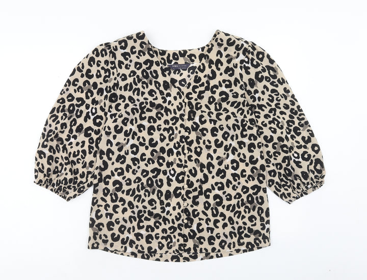 Marks and Spencer Womens Brown Animal Print Polyester Basic Blouse Size 10 V-Neck - Leopard Print